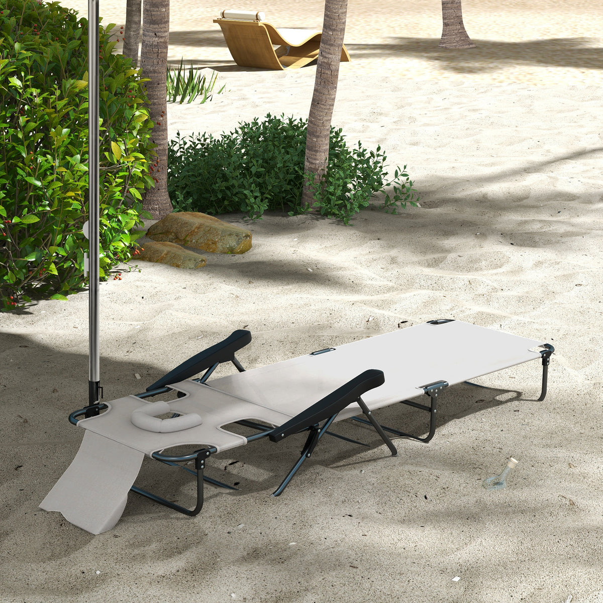 Outsunny Tanning Chaise Lounge Chair, 4 Position Beach Chair With Face & Arm Holes, Pillow Headrest, Adjustable Sunbathing Chair, Cream White Cream White Steel