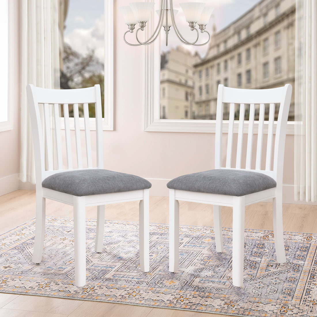 Agody Dining Room Furniture White Finish Set Of 2 Seating Chairs Cushion With Grey Color Seats Wooden Back Kitchen Breakfast Chairs, Dining Chair Solid White Dining Room Rubberwood Slat Back
