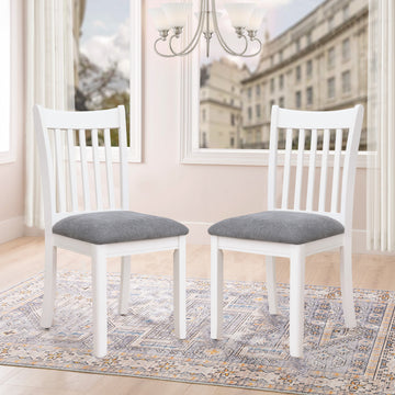 Agody Dining Room Furniture White Finish Set Of 2 Seating Chairs Cushion With Grey Color Seats Wooden Back Kitchen Breakfast Chairs, Dining Chair Solid White Dining Room Rubberwood Slat Back