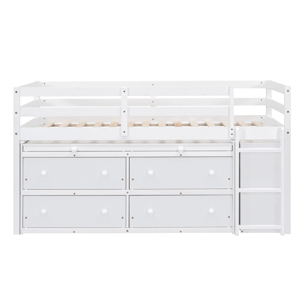 Twin Size Loft Bed With Retractable Writing Desk And 4 Drawers, Wooden Loft Bed With Lateral Portable Desk And Shelves, White White Solid Wood Mdf