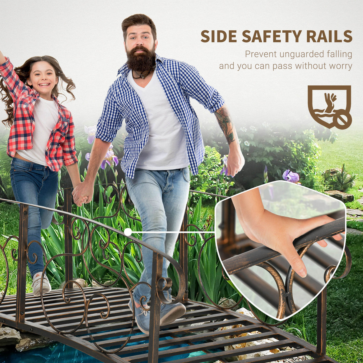 Outsunny 6' Metal Arch Backyard Garden Bridge, Safety Siderails, Arc Footbridge For Backyard Creek, Stream, Pond, Bronze Bronze Steel