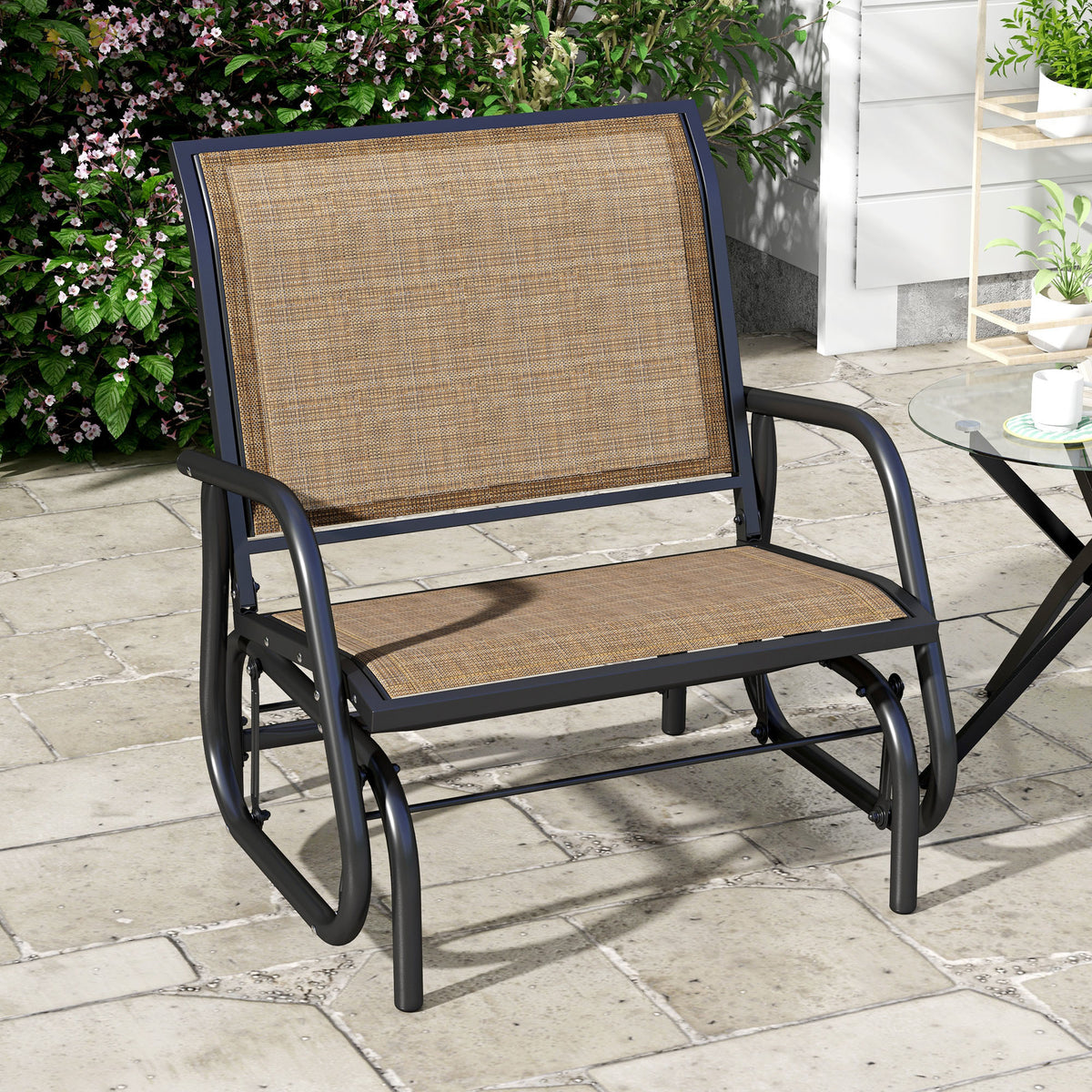 Outsunny Porch Glider, Metal Frame Swing Glider Chair Withmesh Fabric, Curved Armrests And Steel Frame For Garden, Poolside, Backyard, Balcony, Light Mixed Brown Brown Fabric Metal