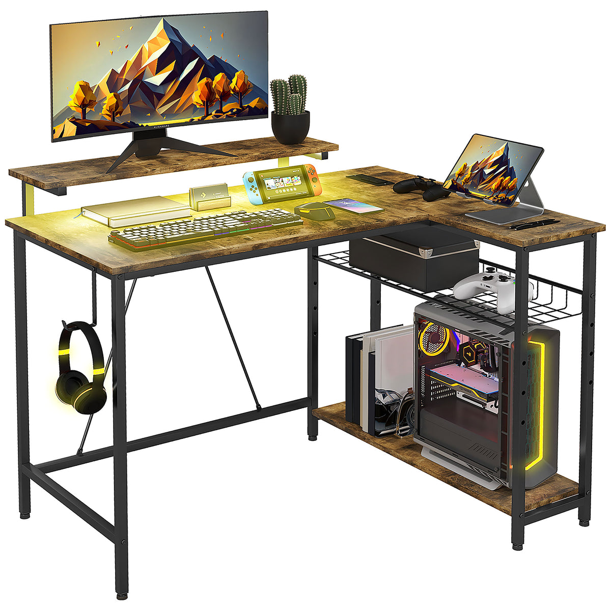 Homcom 42" L Shaped Desk With Led Lights, Power Outlet, Usb Charging Ports, Reversible L Shaped Computer Desk With Storage Shelves, Monitor Stand, Corner Gaming Desk For Home Office, Rustic Brown