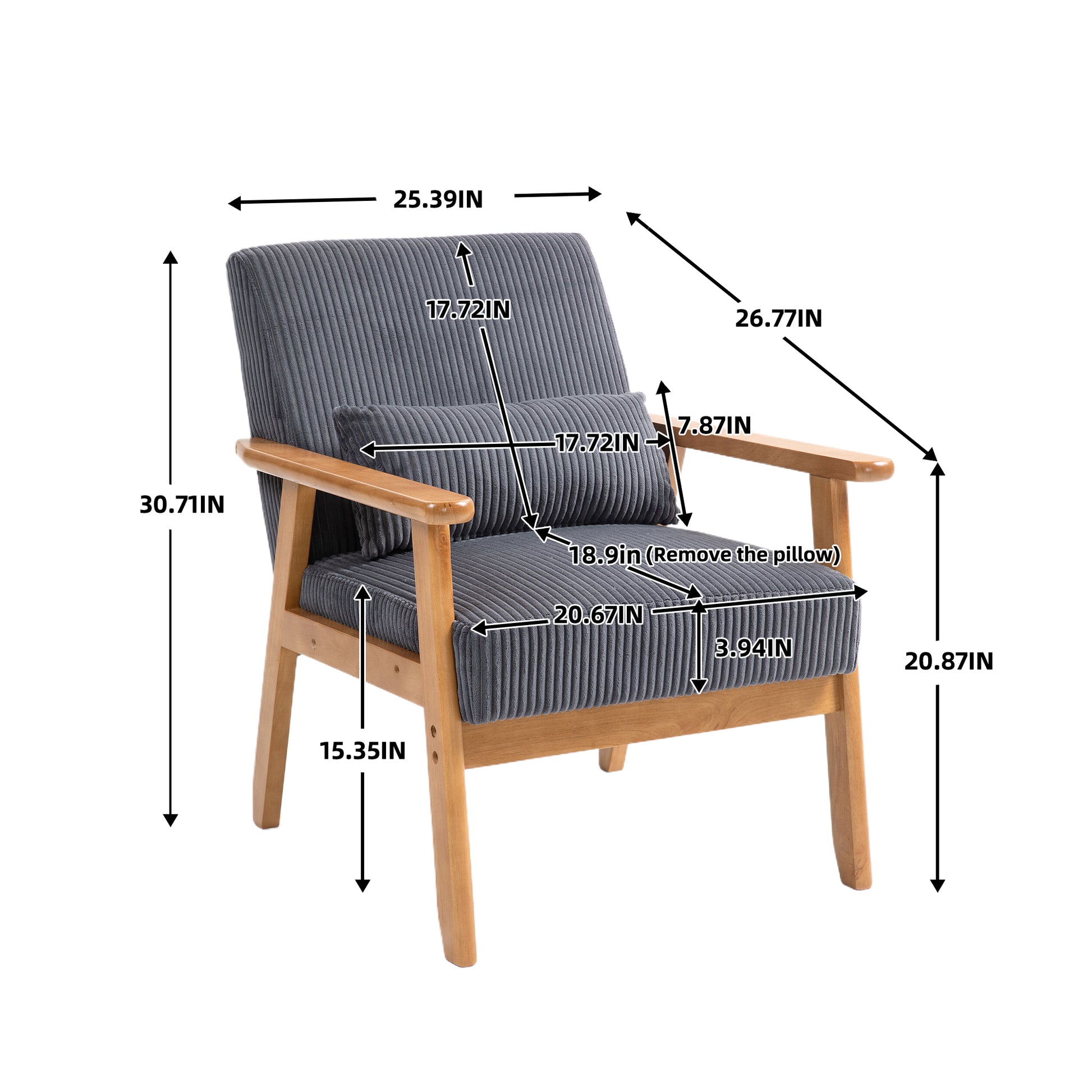 Leisure Chair With Solid Wood Armrest And Feet, Leisure Chair, Wood Frame, Velvet, L, Solid Rubber Wood Legs, Mid Century Modern Accent Chair, For Living Room Bedroom Studio Chair Dark Gray Corduroy