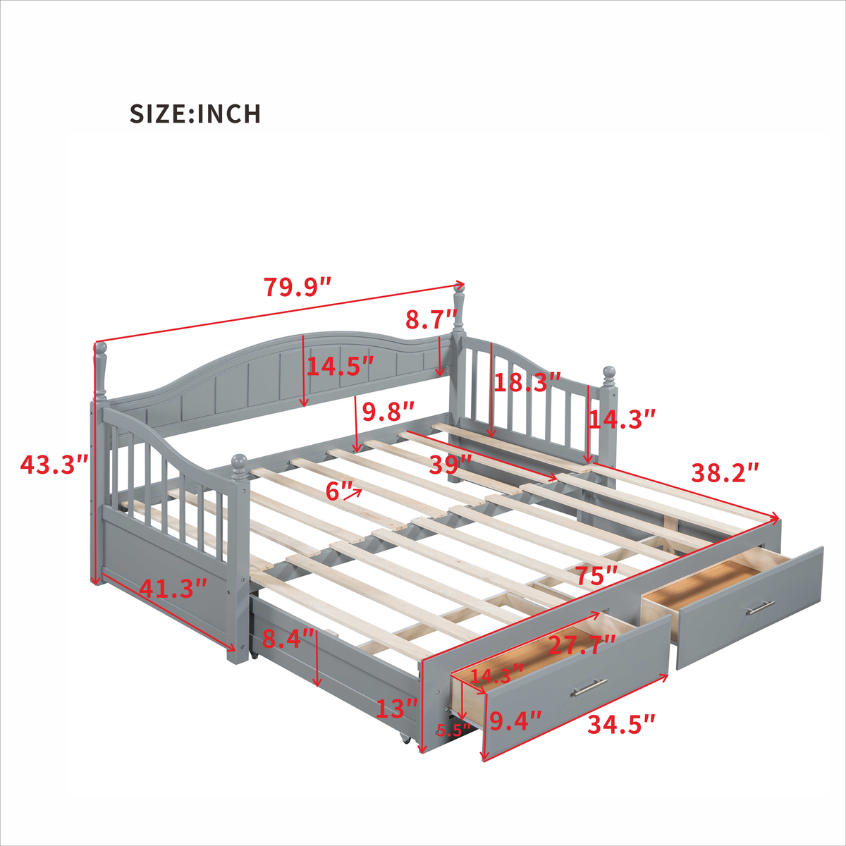 Wooden Twin Size Daybed With Twin Size Trundle, Extendable Daybed With Two Storage Drawers,Gray Expected Arrival Time:9.12 Twin Gray Wood