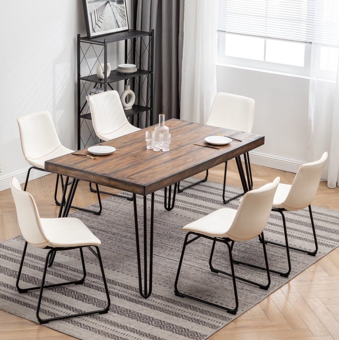 Aryven Industrial 7 Piece Dining Set, Antique White Brown Metal Dining Room Fixed Table Rubberwood Rectangular Dining Table With Chair Metal Wood Brown Seats 6 Rectangular 4 Leg Mdf Metal