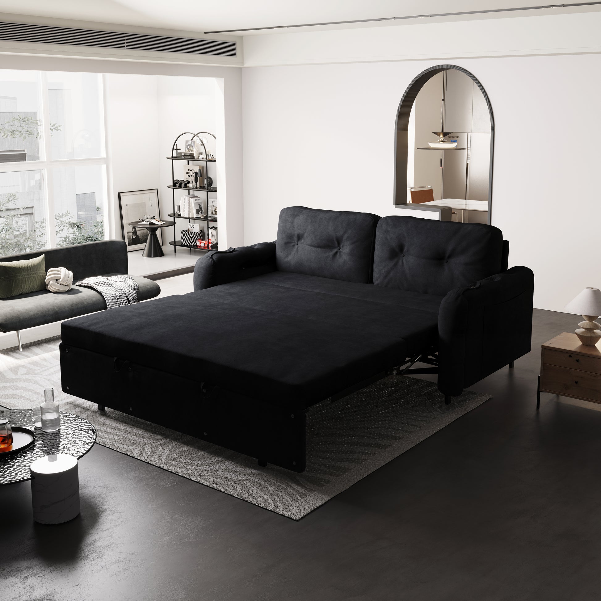 66.2" Queen Pull Out Sofa Bed, Hydraulic System Convertible Sleeper Sofa With Storage And 2 Soft Pillows, Tufted Button Upholstered Couch,Multi Functional Velvet Loveseat Bed,Black Black Velvet 2 Seat