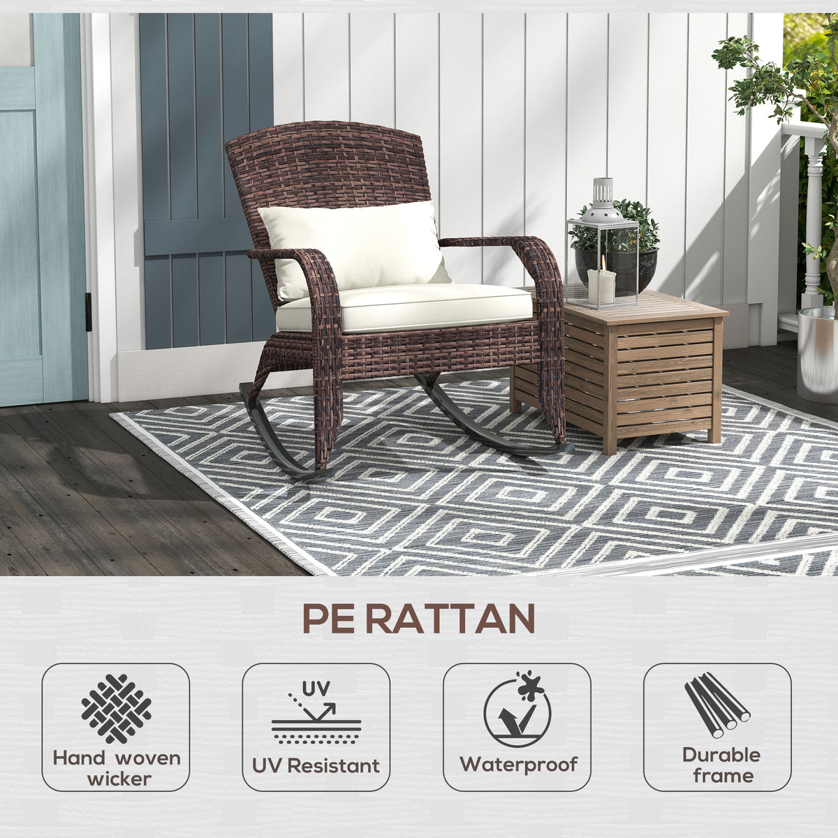 Outsunny Outdoor Wicker Adirondack Rocking Chair, Patio Rattan Rocker Chair With High Back, Seat Cushion, And Pillow For Garden, Porch, Balcony, Cream White White Rattan