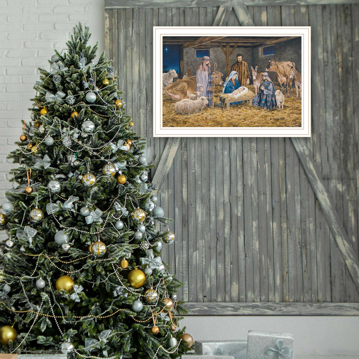 The Greatest Gift Of All The Birth Of Christ White Framed Wall Art For Living Room, Nativity Wall Art Print For Home Decor, Bedroom Wall Art By Bonnie Mohr Multicolor Wood Paper
