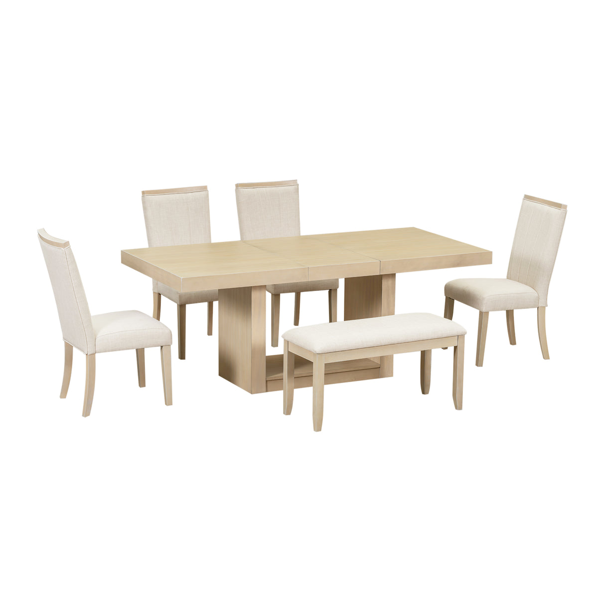 Contemporary 6 Piece 78Inch Extendable Pedestal Dining Table Set With 18Inch Removable Leaf And Dining Bench, 4 Upholstered Dining Chairs, Natural Wood Dining Room Solid Wood Rubberwood Rectangular Dining Table With Chair And Bench Upholstered Chair Wood