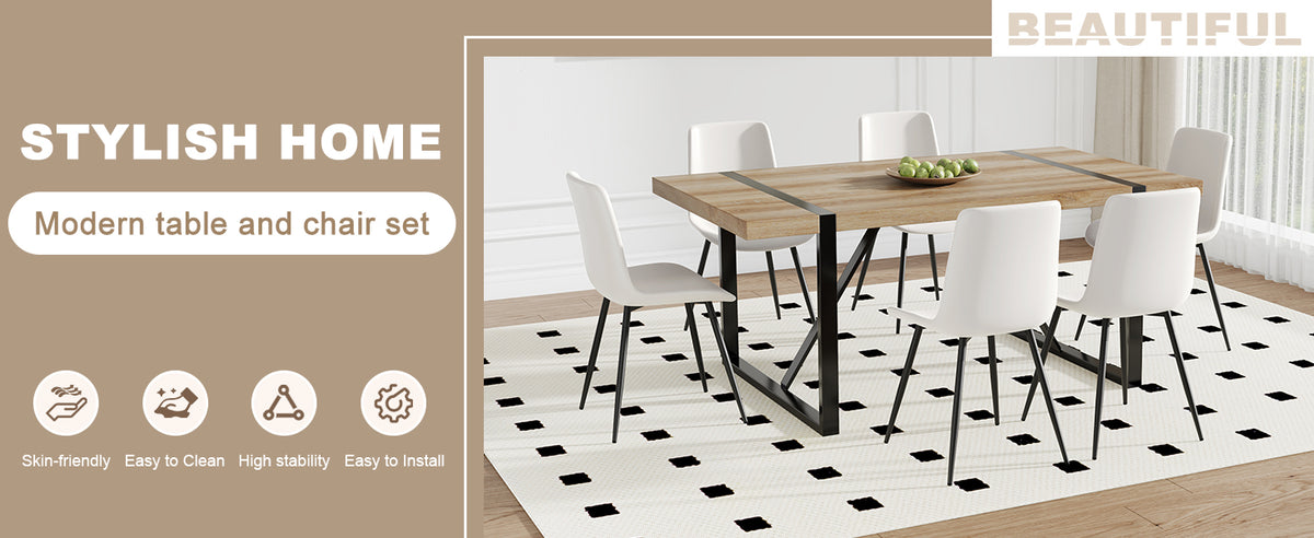 Table And Chair Set, Textured Top In Vintage Wood Color, Black Metal Legs. Dining Chair With White Faux Leather Backrest Cushion With Black Metal Legs. Wood Seats 6 Mdf Metal