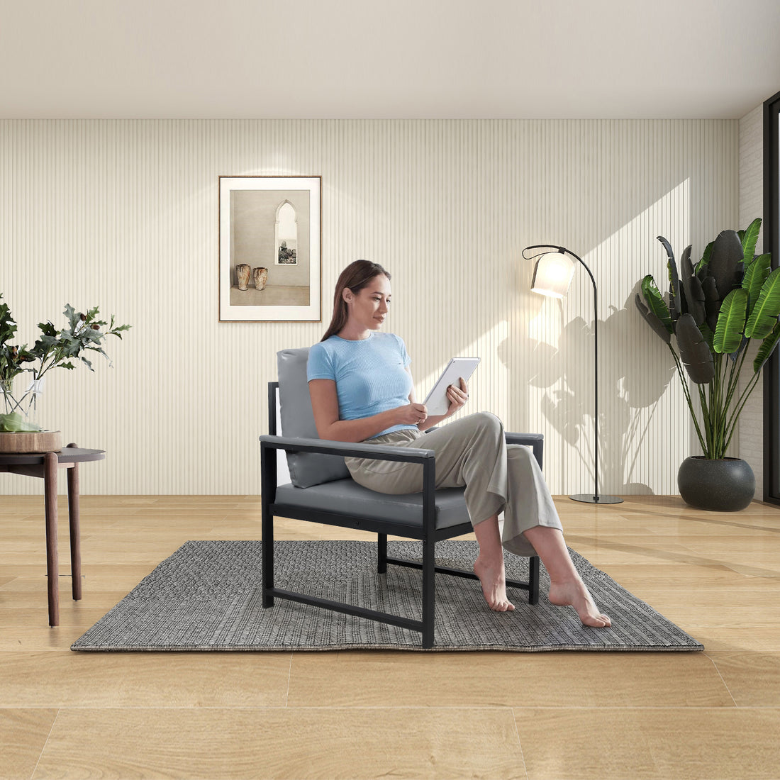 Lounge, Living Room, Office Or The Reception Area Pvc Leather Accent Arm Chair With Extra Thick Padded Backrest And Seat Cushion Sofa Chairs,Non Slip Adsorption Feet,Sturdy Metal Frame,Gray Gray Polyvinyl Chloride