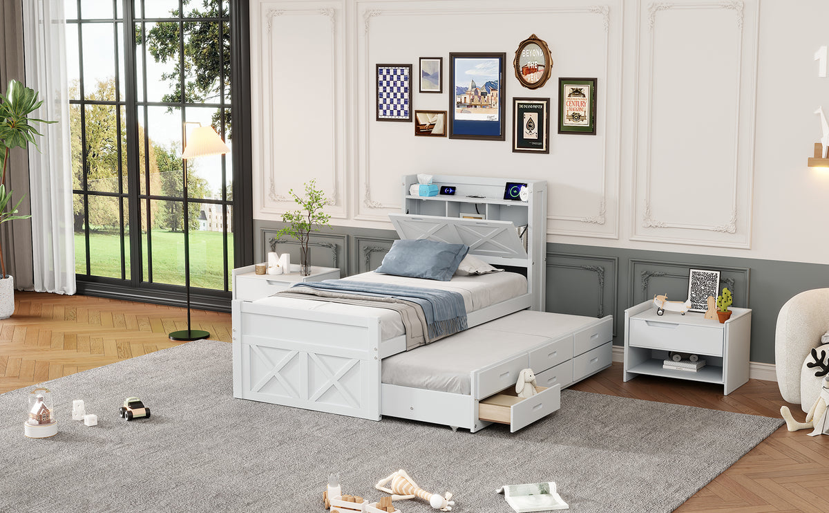Twin Size Wooden Bed With Storage Headboard With Outlets, Extendable Bed With Twin Size Trundle With Three Storage Drawers,White Twin White Wood