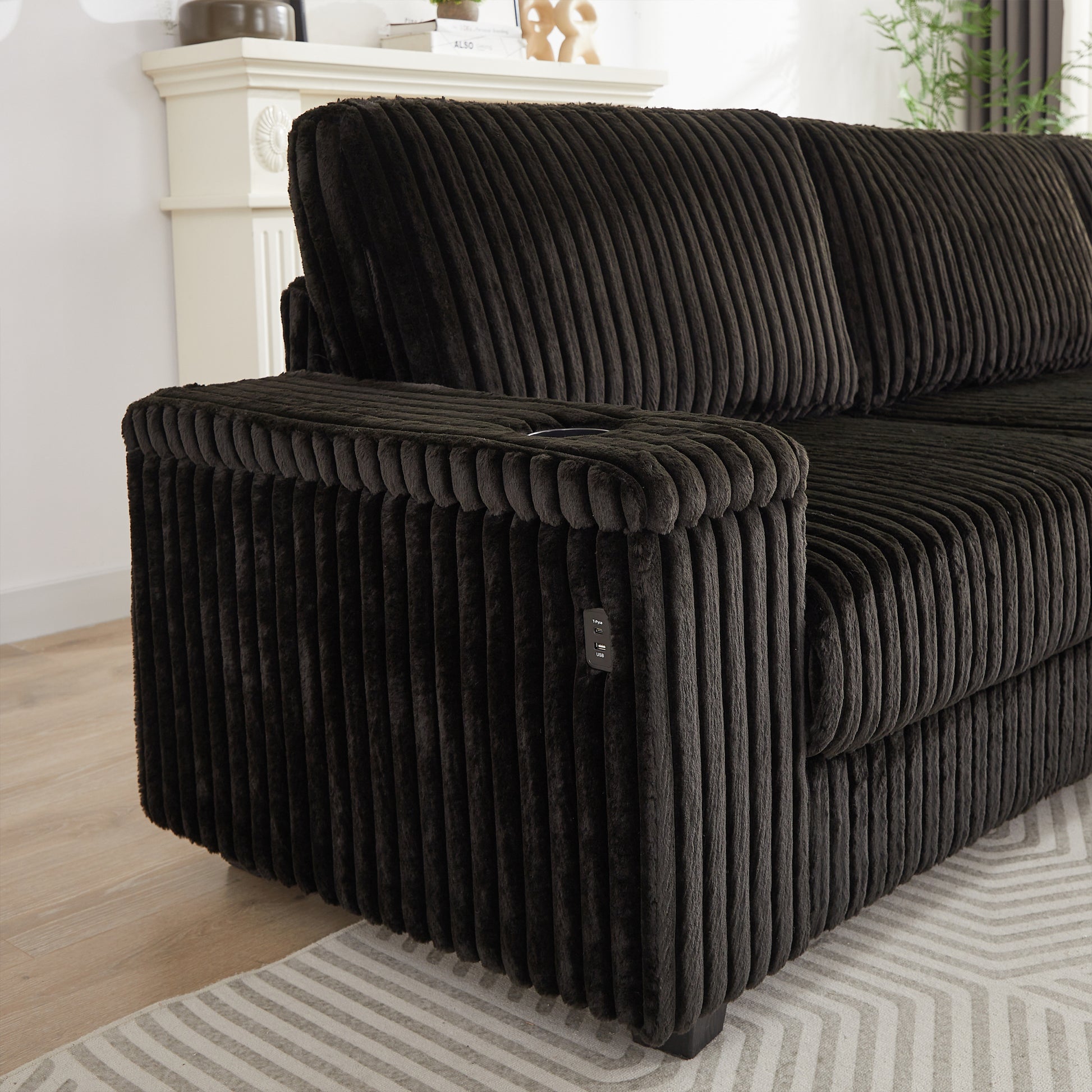 110 Inch Oversized Corduroy Corner Sofa,L Shaped Corner Couch With Two Storage Spaces,Usb Port & T Pyce Port And Cup Holderdeep Seat Comfy Upholstered Couches For Living Room Not Freely Combinable Black Corduroy 5 Seat