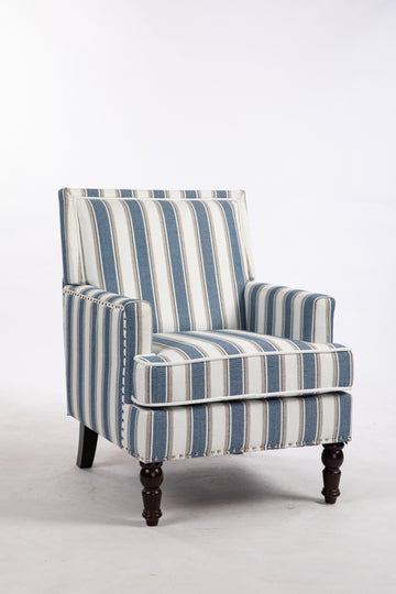 Upholstered Accent Chair, Vintage Armchair With Blue And White Striped Linen Fabric And Trim For Living Room Blue Cotton