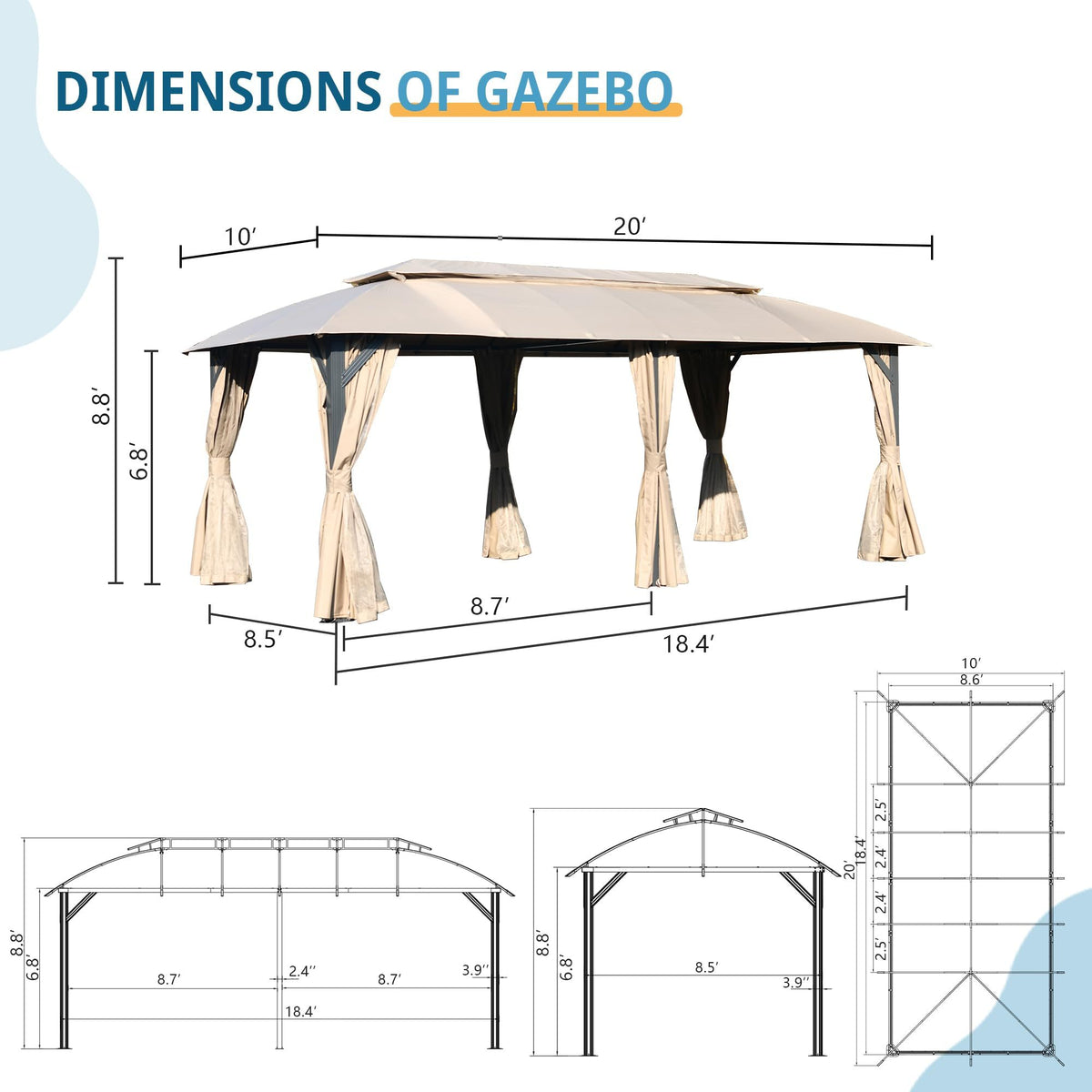 Gazebo 10X20Ft, Outdoor Gazebo With Double Roofs, Privacy Curtains, Mosquito Nettings, Heavy Duty Metal Frame Party Tent Canopy For Patio, Backyard, Deck, Lawn, Brown Brown Garden & Outdoor Steel