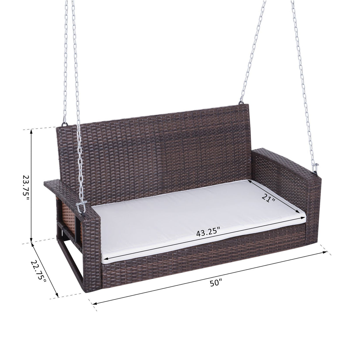 Outsunny 2 Person Wicker Hanging Swing Bench, Front Porch Swing Outdoor Chair With Cushions 550 Lbs. Weight Capacity For Backyard, Garden, Cream White Brown Rattan Metal