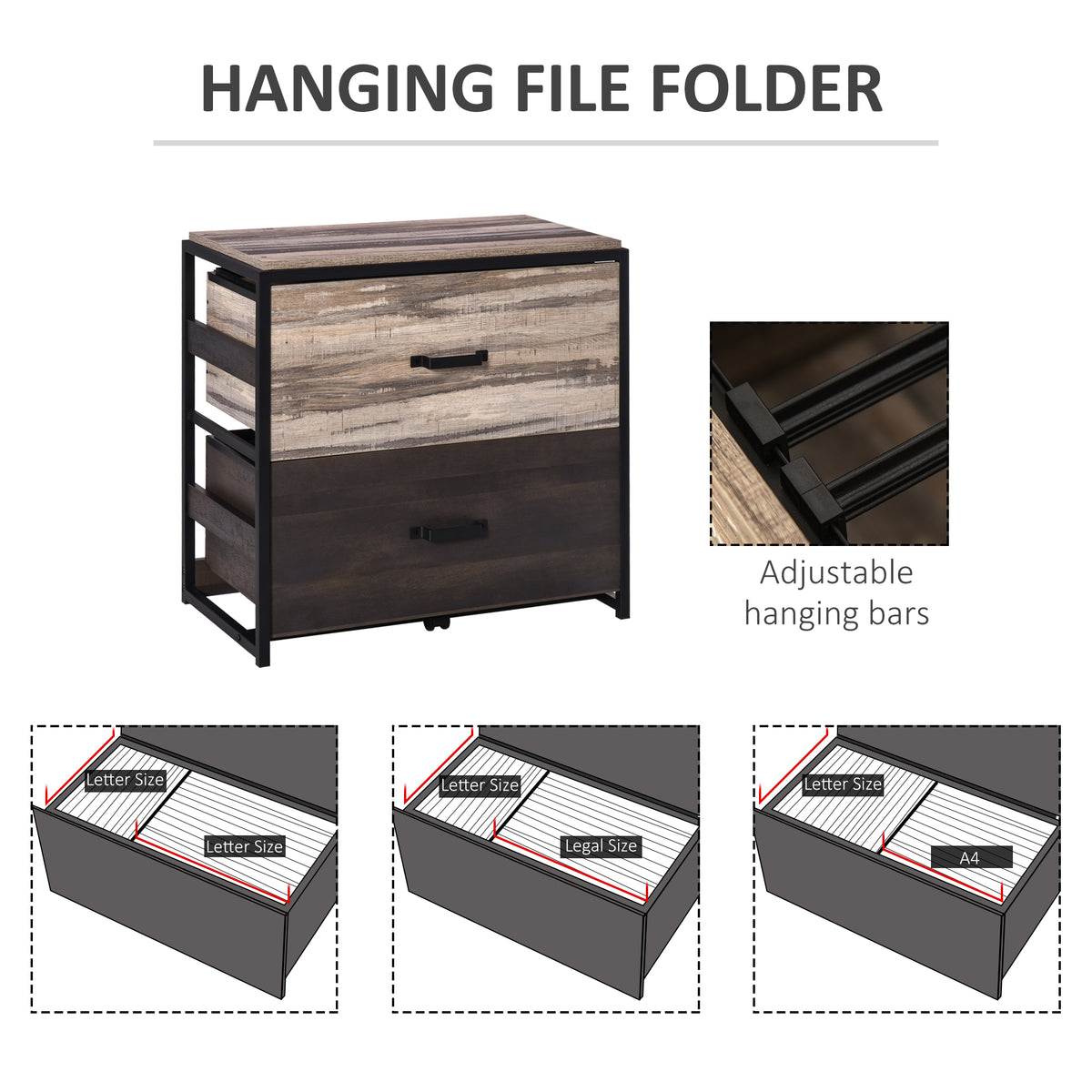 Vinsetto Office File Cabinet With 2 Large Drawers And Adjustable Metal Hanging Bars For A4, Letter And Legal Sized Files, Storage Organizer, Brown Black Multicolor Mdf