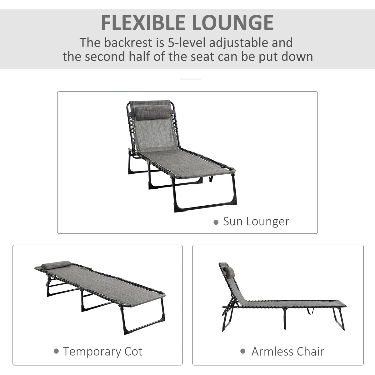 Outsunny Reclining Chaise Lounge Chair, Portable Sun Lounger, Folding Camping Cot, With Adjustable Backrest And Removable Pillow, For Patio, Garden, Beach, Grey Gray Fabric