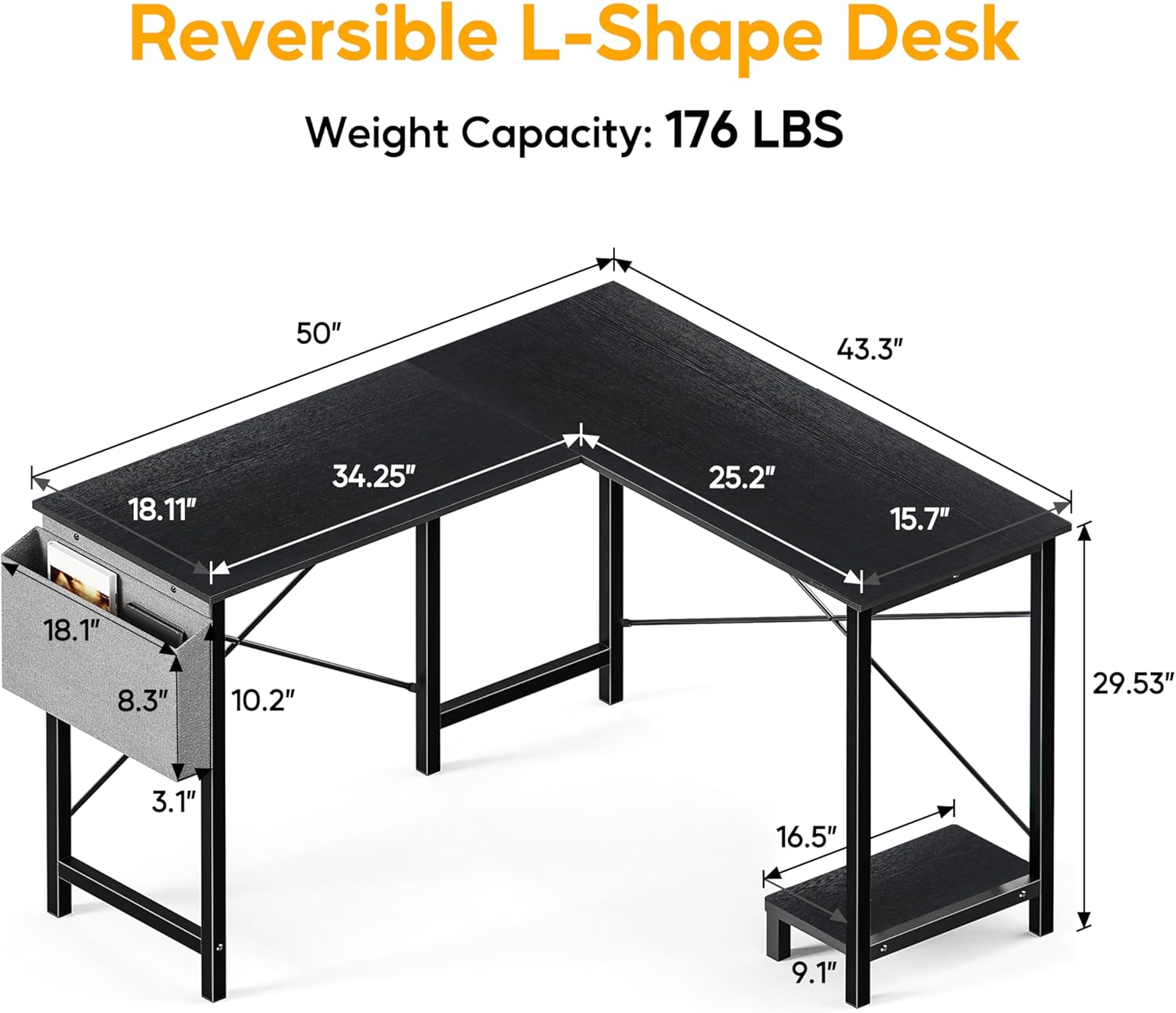 L Shaped Desk Gaming Computer 50 Inch Reversible Corner Table Pc For Writing Study Student With Wood Tabletop Metal Frame Cpu Stand Side Bag For Home Office Small Place, Black Black Wood