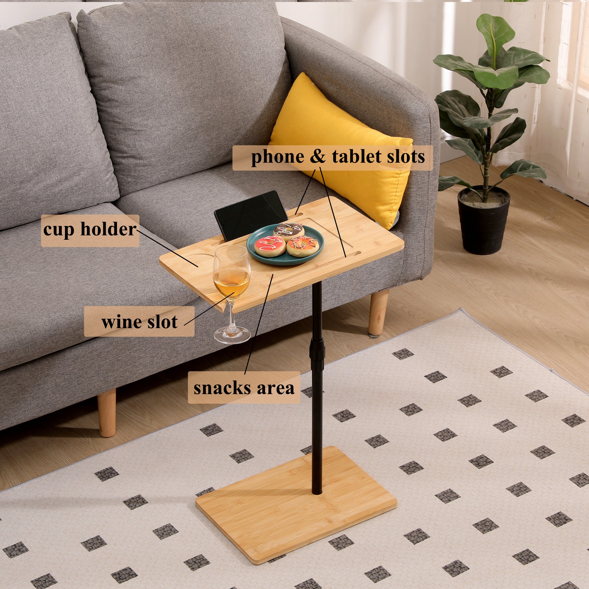 Bamboo Couch Tray Table Height Adjustable C Shaped End Table With Slots 2 Tier Sofa Side Table For Living Room & Bedroom Rectangle Rectangle Natural Height Adjustable & Standing Desks Primary Living Space Modern Manual Freestanding Rectangular Shelves