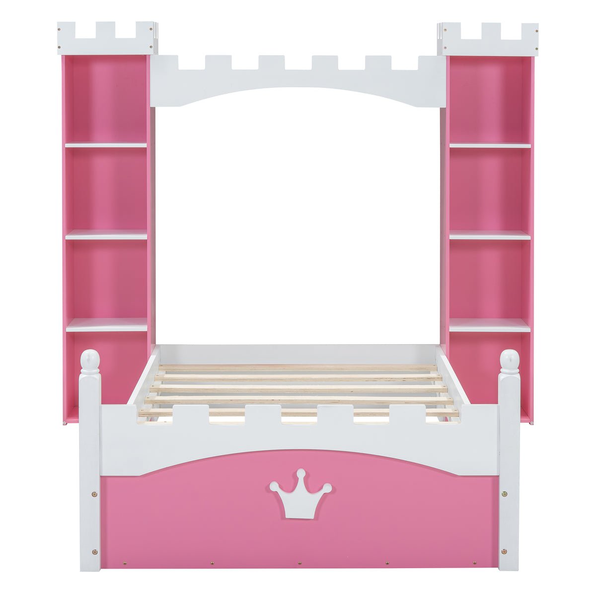Castle Shaped Wooden Bed With Storage Shelf, Dreamy Twin Size Platform Bed For Kids Bedroom, Pink White Expected Arrival Time:8.14 Twin Pink White Wood