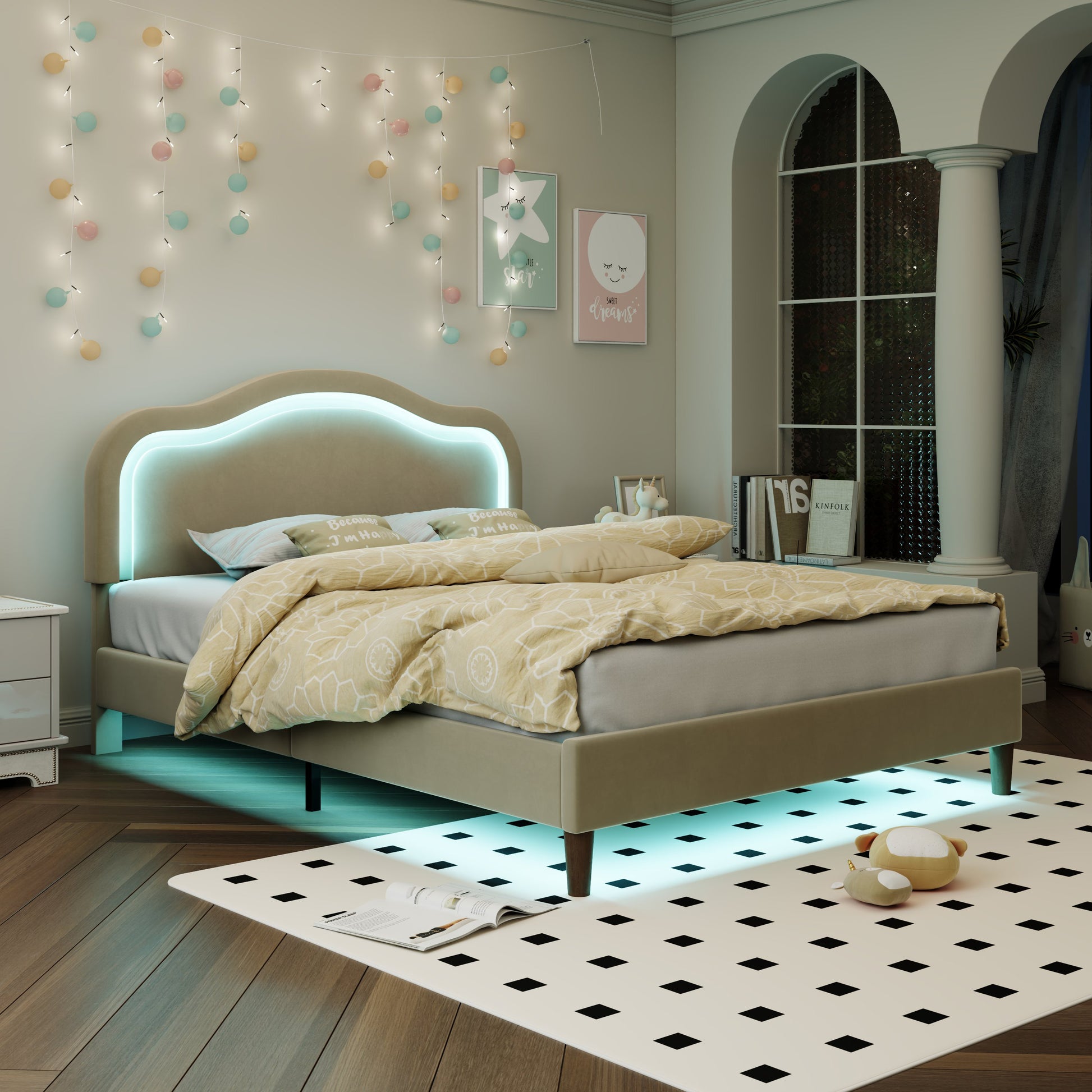 Full Size Velvet Upholstered Smart Led Bed Frame With Adjustable Height Headboard,No Box Spring Needed,Easy Assembly,Beige Box Spring Not Required Full Beige Wood Bedroom Cute,Modern Bed Frame Wood
