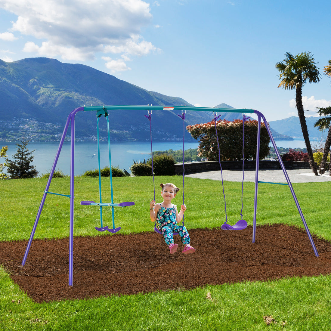 Outsunny Metal Swing Set With Glider, Two Swing Seats And Adjustable Height, Outdoor Heavy Duty A Frame Suitable For Playground, Backyard, Purple Purple Metal