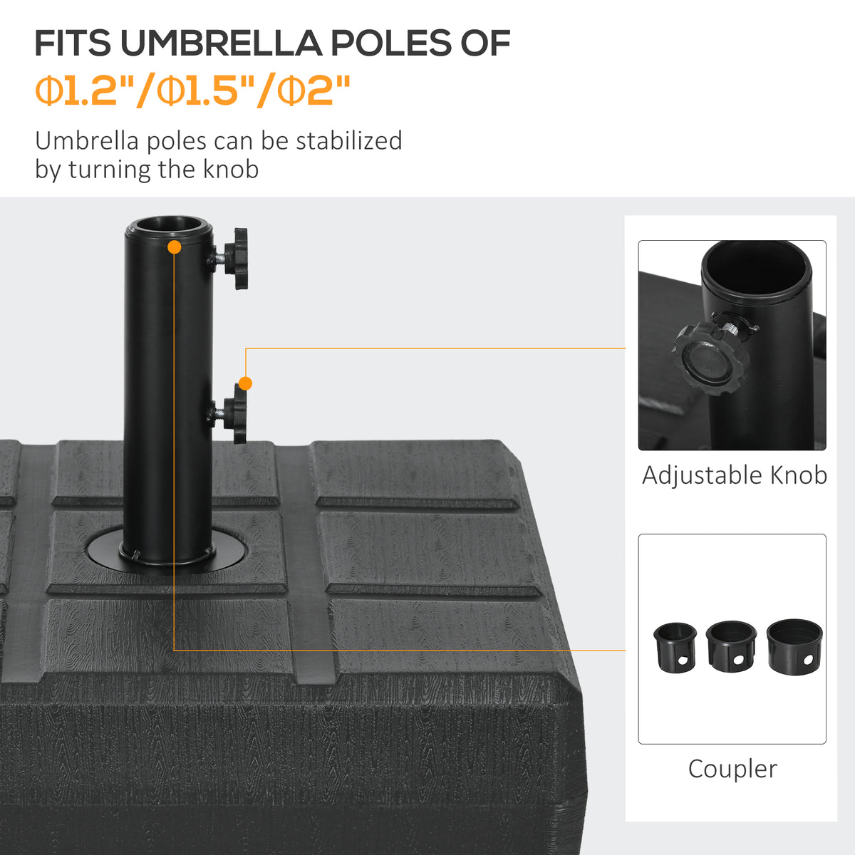 Outsunny 88 Lbs. Fillable Umbrella Base With Steel Umbrella Holder For 1.25", 1.5" Or 2" Umbrella Poles, Square & Reversible Heavy Duty Market Umbrella Stand, Black Black Hdpe