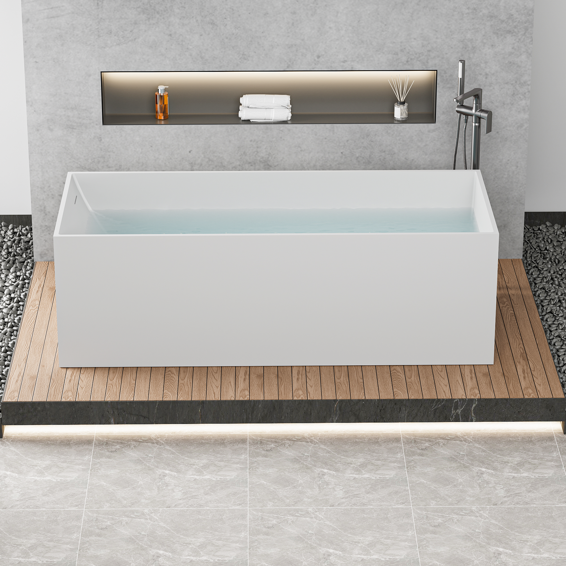 67" Freestanding Solid Surface Bathtub, Stone Resin Freestanding Bath Tub With Overflow And Pop Up Drain, Matte White 24S01 67Mw Matte White Rectangle Bathroom Freestanding Tubs Solid Surface