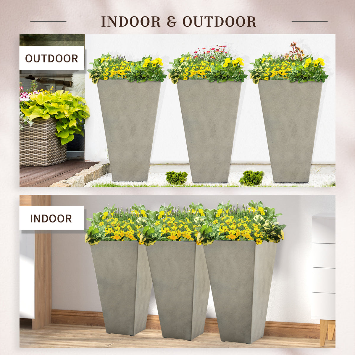 Outsunny Set Of 3 Tall Planters With Drainage Hole, 28" Outdoor Flower Pots, Indoor Planters For Porch Patio And Deck, Gray Gray Polypropylene