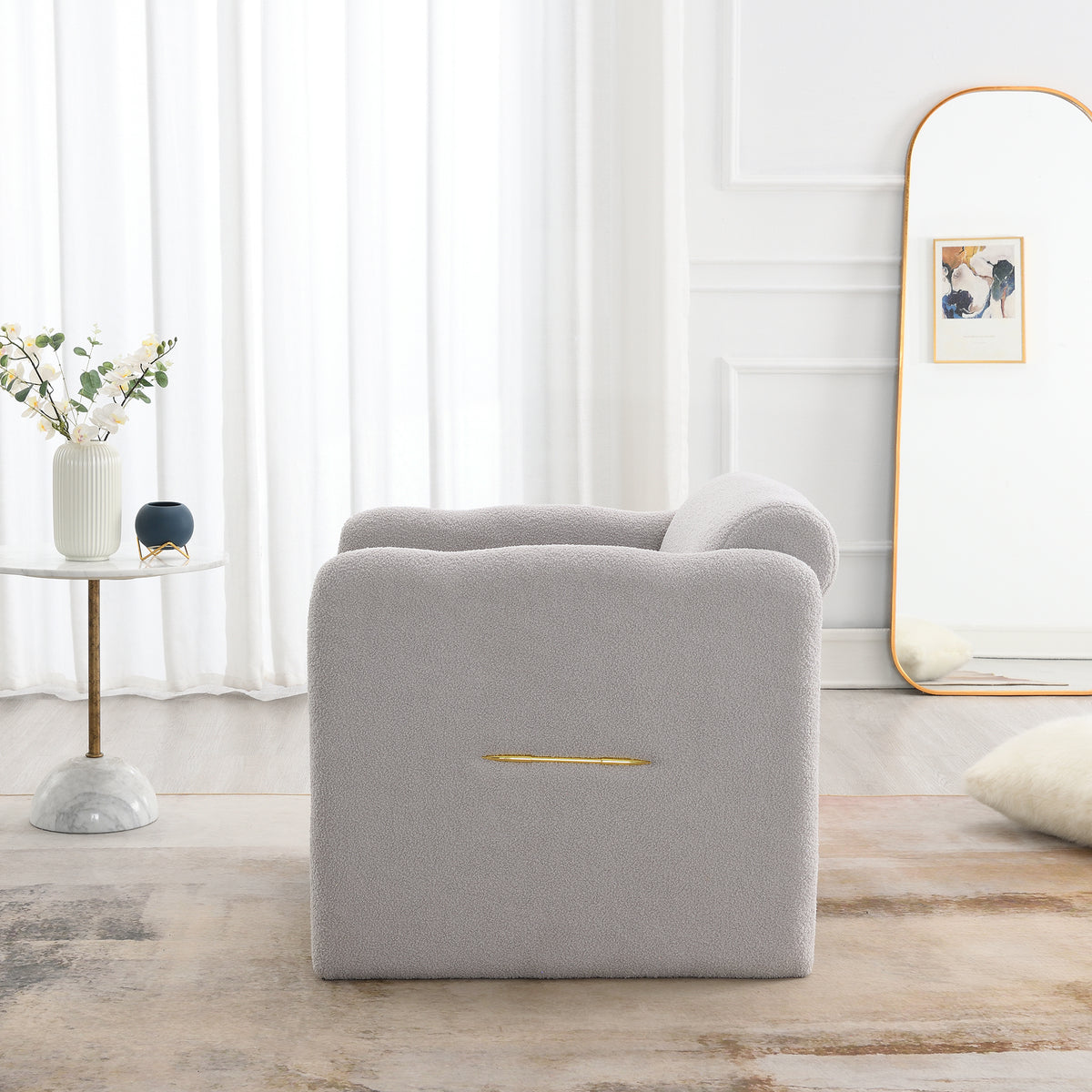 Arm Chair With Waved Arms, Metal Decoration On Both Side Arms, Accent Chair For Primary Living Space,Living Room,Bedroom, Teddy Fabric, Light Grey Light Grey Primary Living Space Modern Foam Plywood