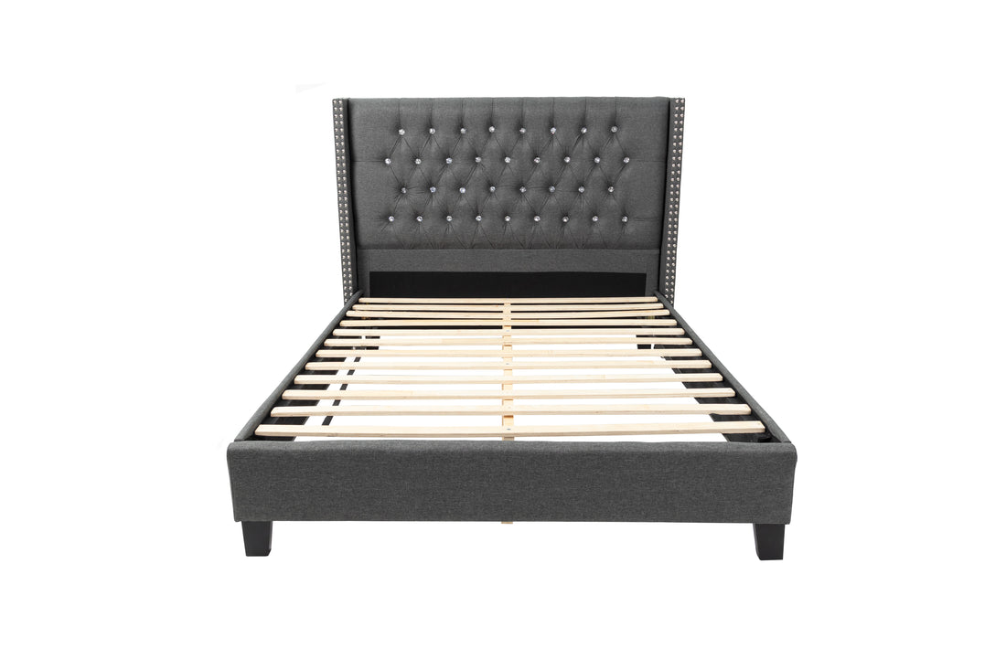 Queen Bed In Blue Gray Box Spring Not Required Queen Gray Fabric