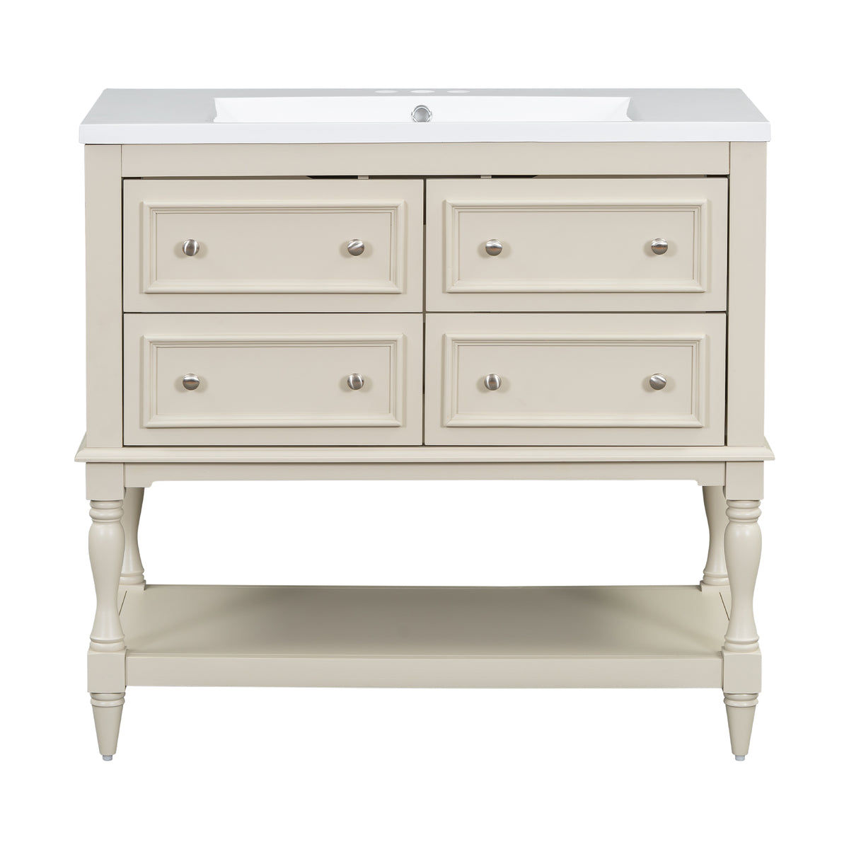 36'' Bathroom Vanity With Medicine Cabinet, Modern Mirror Cabinet With Adjustable Shelf, Bathroom Storage Cabinet With 4 Drawers, Solid Wood Frame Bathroom Storage Cabinet 4 Beige 1 5 Adjustable Hinges Bathroom Freestanding Solid Wood Mdf Resin Painted