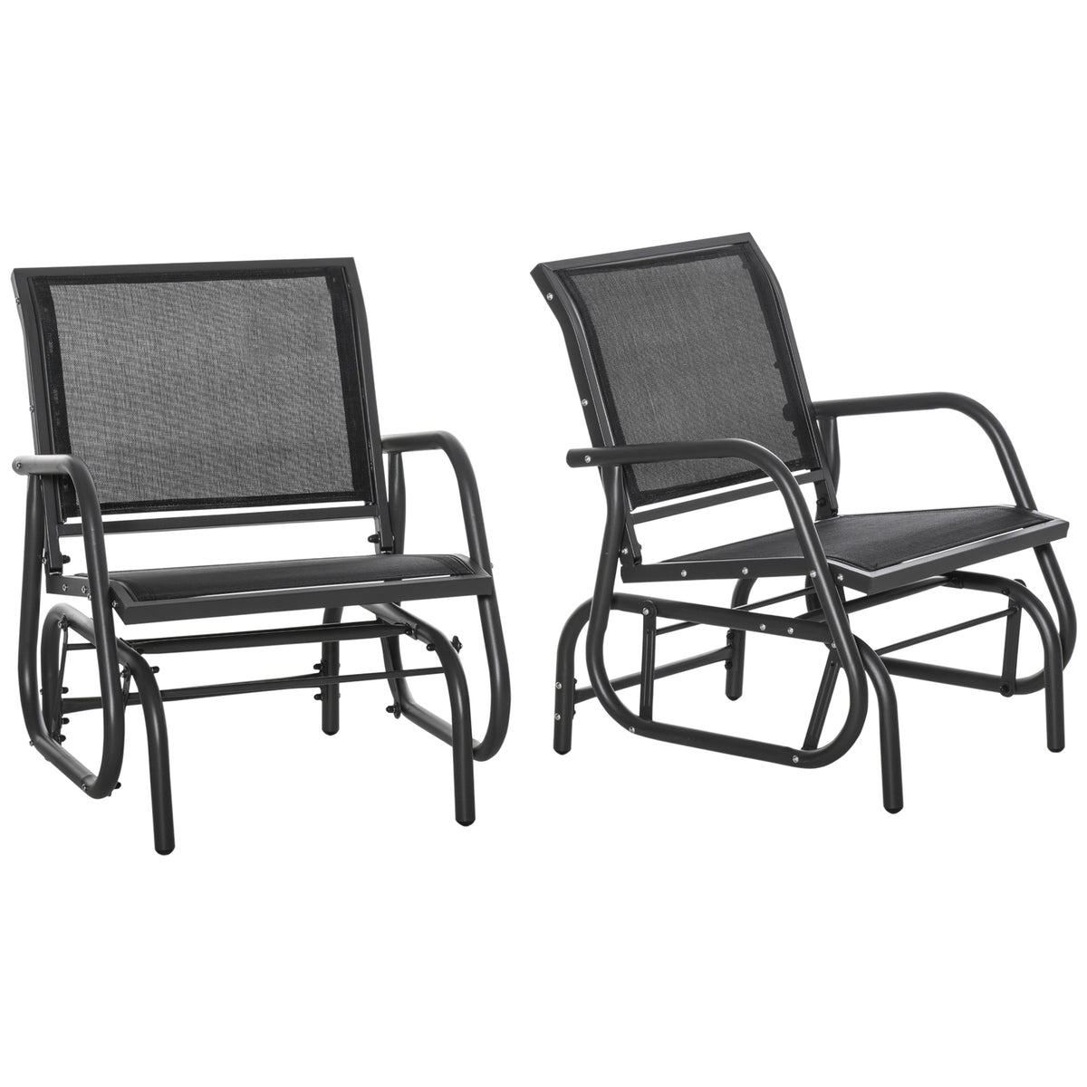 Outsunny Porch Glider Set Of 2, Metal Frame Swing Glider Chairs Withmesh Fabric, Curved Armrests And Steel Frame For Garden, Poolside, Backyard, Balcony, Black Black Steel