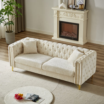 82 Inch Chenille Pull Buckle Design Sofa For Living Room,Buttons Tufted With Copper Nail Decoration Armrest, Modern Couch Upholstered Button And Metal Legs Beige Foam Chenille 3 Seat