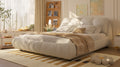 Queen Size Upholstered Platform Bed With Oversized Padded Backrest, Thickening Pinewooden Slats And Solid Wood Leg,Beige Box Spring Not Required Queen Beige Wood Pine Polyester Solid Wood