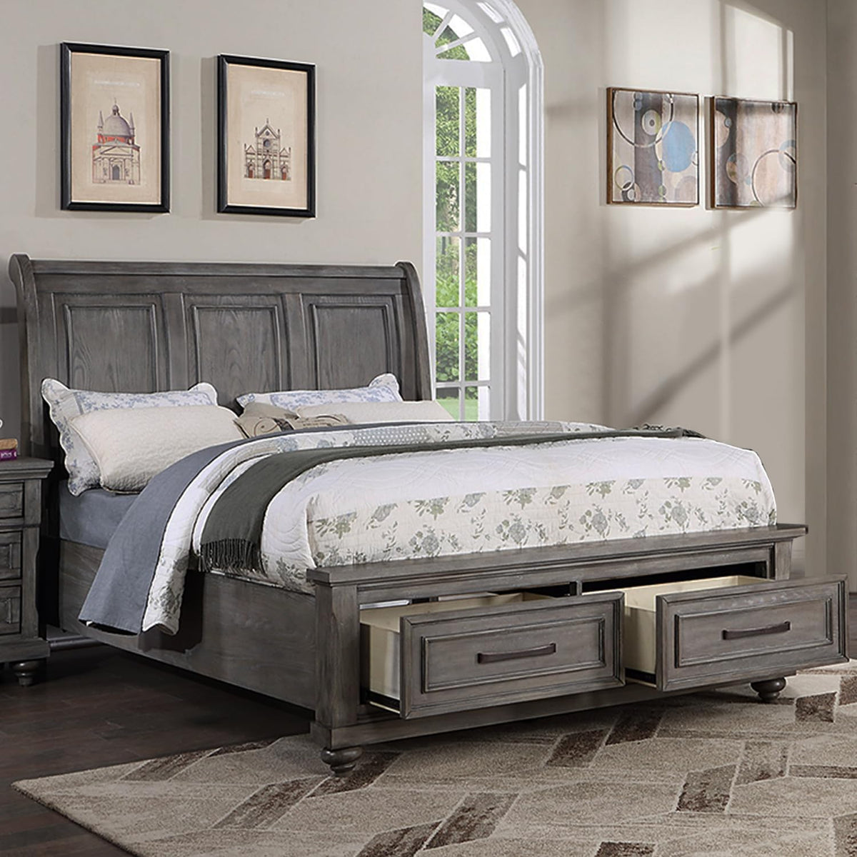 Eastern King Size Bed W Under Bed Drawer Vintage Look Gray Color Beautiful Panel 1Pc Bedframe Bedroom Box Spring Required King Antique Gray,Gray Wood Bedroom Contemporary,Modern,Transitional Storage