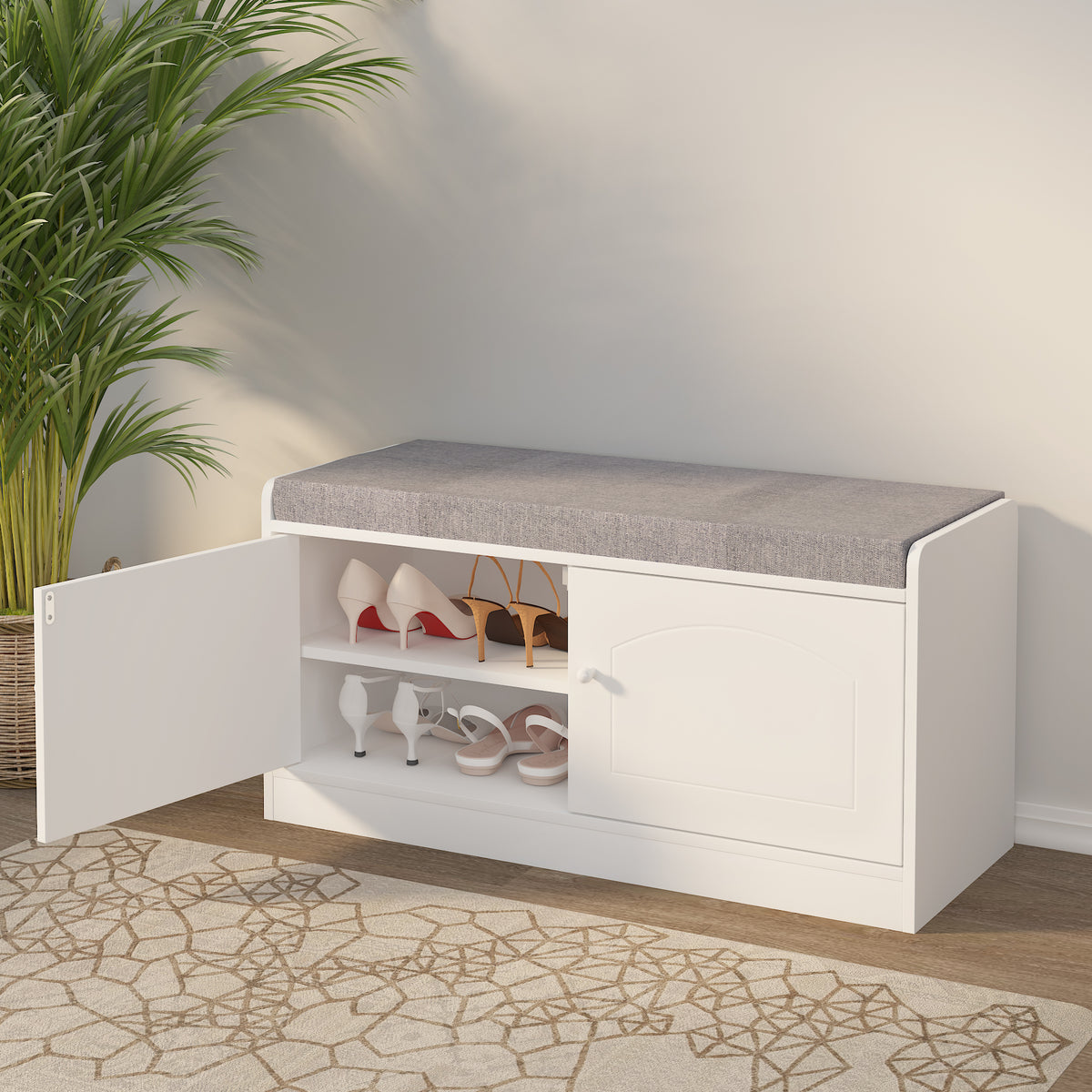 Shoe Storage Bench With 2 Door Cabinet, Entryway Bench With Shoe Storage, Shoe Bench With Cushion, Adjustable Shelves, Shoe Rack Bench For Entrance, Hallway, Bedroom, White Gray White Gray White