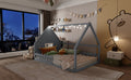Full Size Wood House Bed With Window And Fence, Gray Old Sku: Wf304147Aae Box Spring Not Required Full Gray Wood Bedroom Pine Bed Frame Solid Wood Mdf