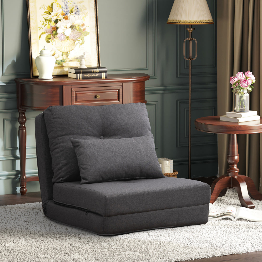 Homcom 2 In 1 Floor Lazy Sofa With 5 Position Adjustable Backrest, Dark Gray Dark Grey Linen