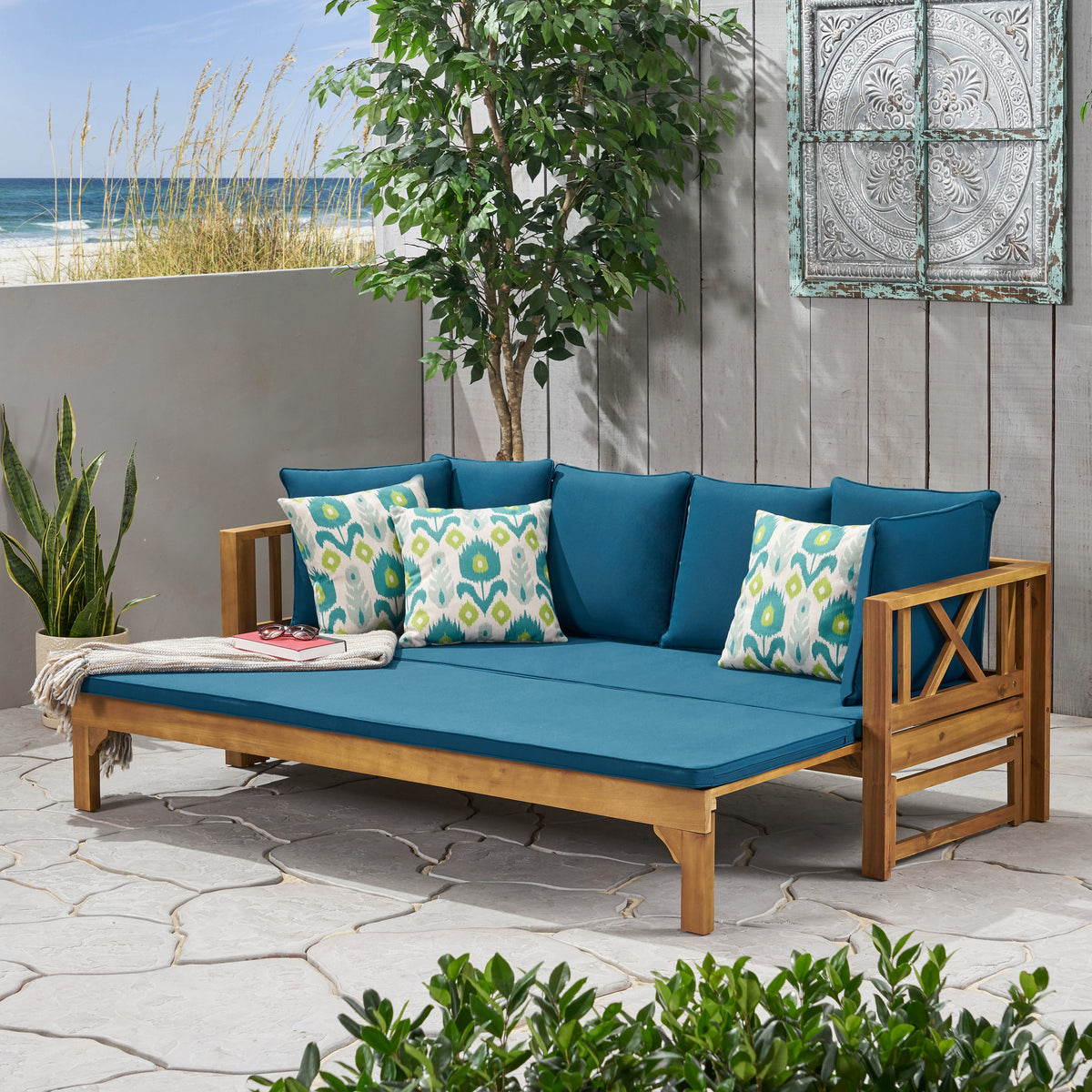 Long Beach Sofa Daybed Teak Pe Rattan Iron Waterproof Fabric