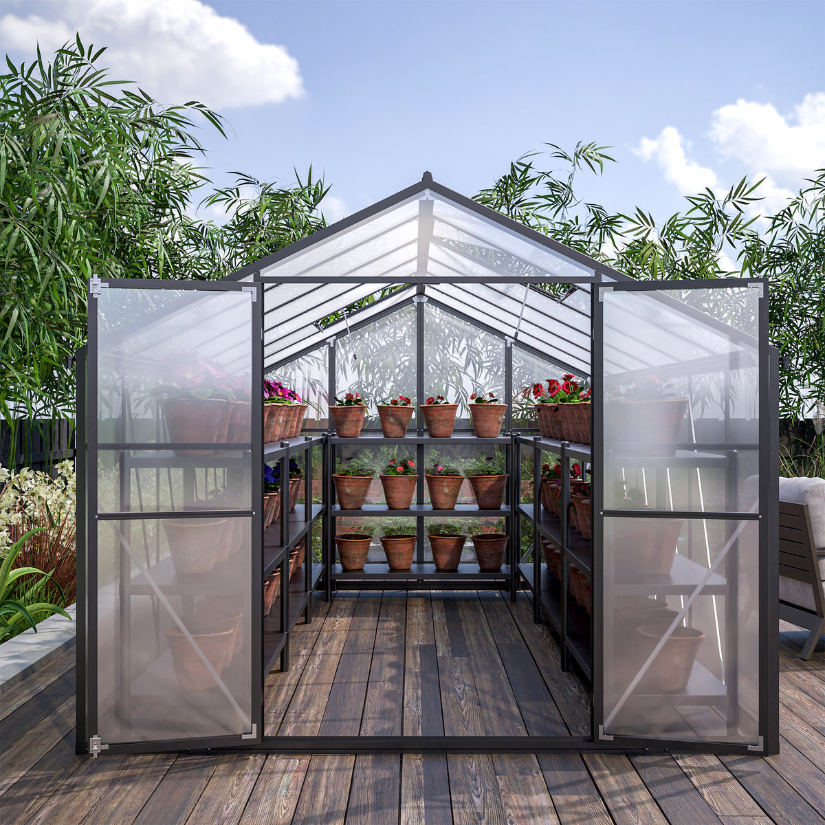 8' X 12' Outdoor Greenhouse, Heavy Duty Polycarbonate Greenhouse, Large Walk In Greenhouse With Double Doors And Two Ventilation Windows, Aluminum Greenhouse For Outdoor Greenhouse Garden Backyard