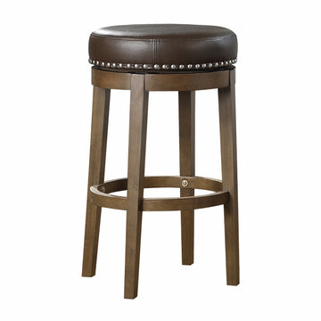 Round Swivel Bar Stools Set Of 2, Brown Faux Leather 360 Degree Swivel Seat Trim Solid Wood Frame Brown Finish Furniture Brown Dining Room Round Solid Wood