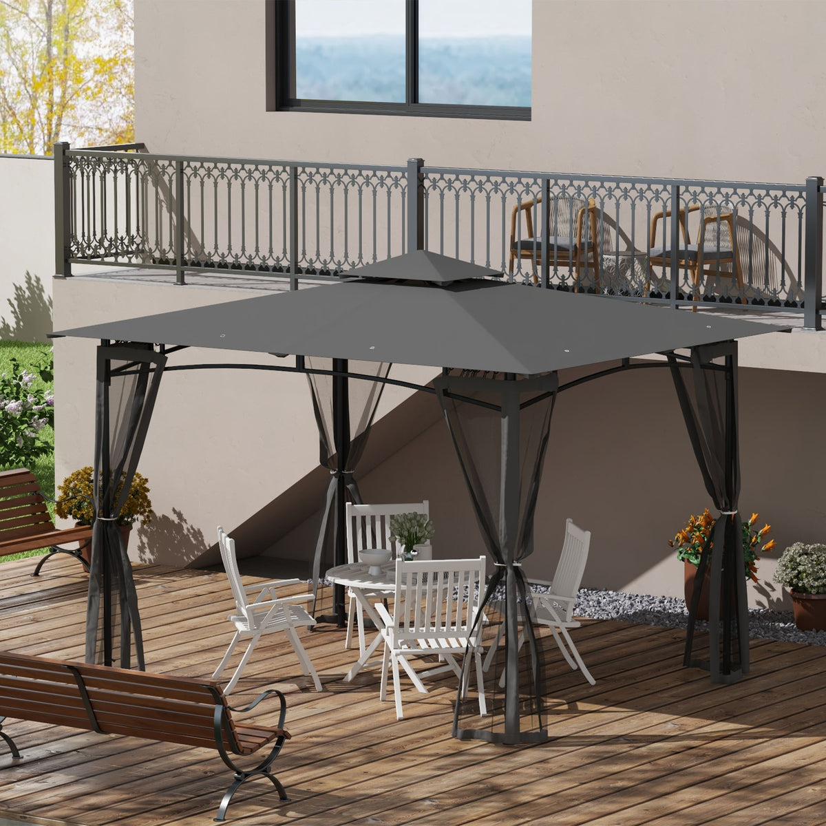 Outsunny 10' X 12' Patio Gazebo With Netting, Double Roof Outdoor Gazebo Canopy Shelter, Solid Metal Frame For Garden, Lawn, Backyard, Deck, Dark Gray Gray Metal