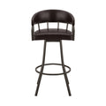 Mayla 30 Inch Swivel Bar Stool, Metal Flared Legs, Brown Faux Leather Brown Fabric Metal