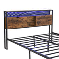 Queen Size Metal Platform Bed Frame With Wooden Headboard And With Footboard Usb,Charging Station,2 Drawers,Storage, Led Lights, No Box Spring Needed, Easy Assemble Black Brown Metal