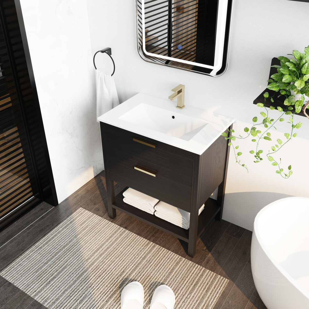 30 Inch Bathroom Vanity With Sink And 2 Soft Close Drawers, Golden Handle Bvb01030Bctg Bl9075B Black Chestnut Bathroom Modern Plywood