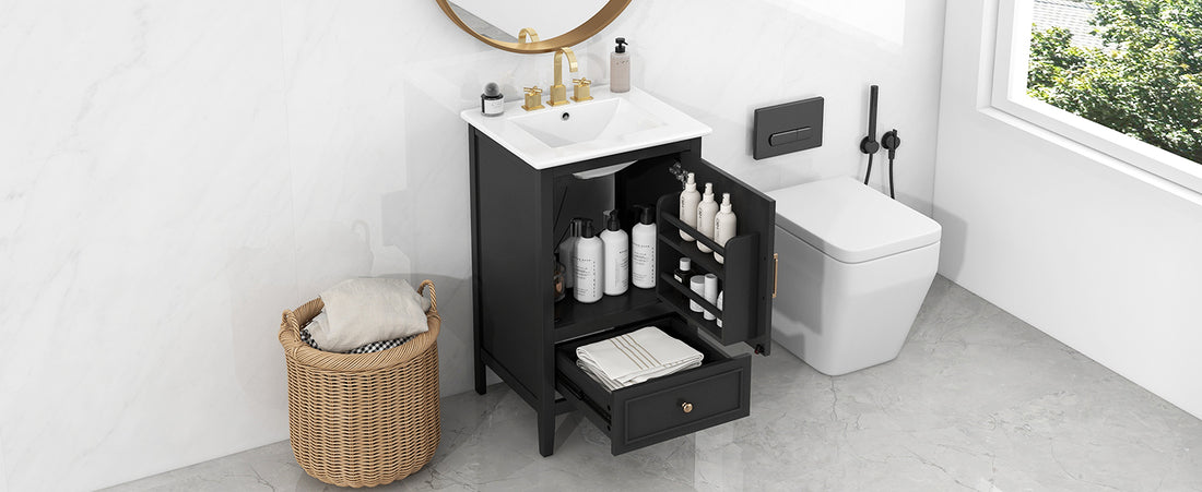 20" Bathroom Vanity With Sink, Bathroom Cabinet With A Door, Door Shelf Storage And Adiustable Foot Pads, A Drawer, Black Black Solid Wood Mdf