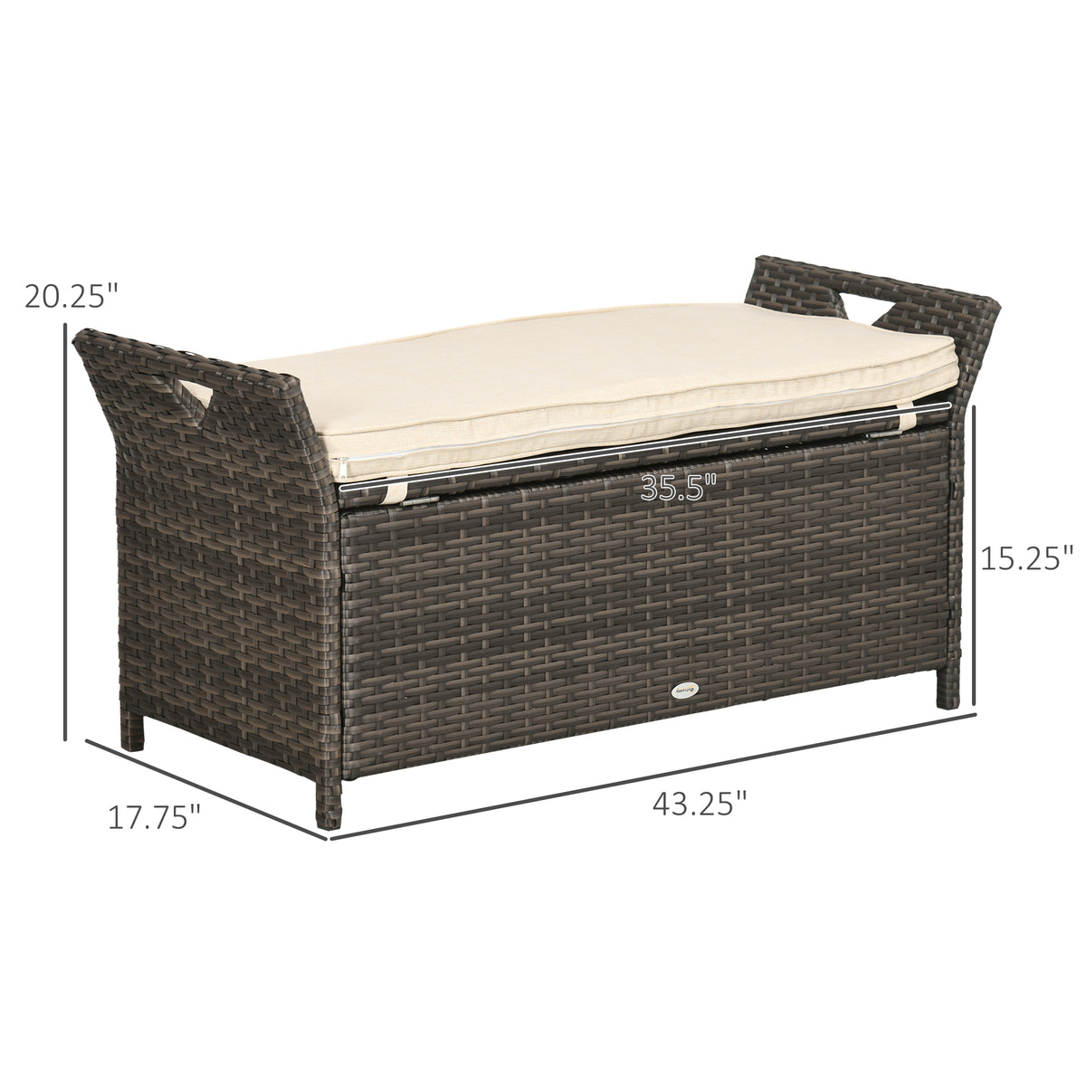 Outsunny 27 Gallon Patio Wicker Storage Bench, Outdoor Pe Rattan Patio Furniture, 2 In 1 Large Capacity Rectangle Garden Storage Box With Handles And Cushion, Cream White Brown White Steel